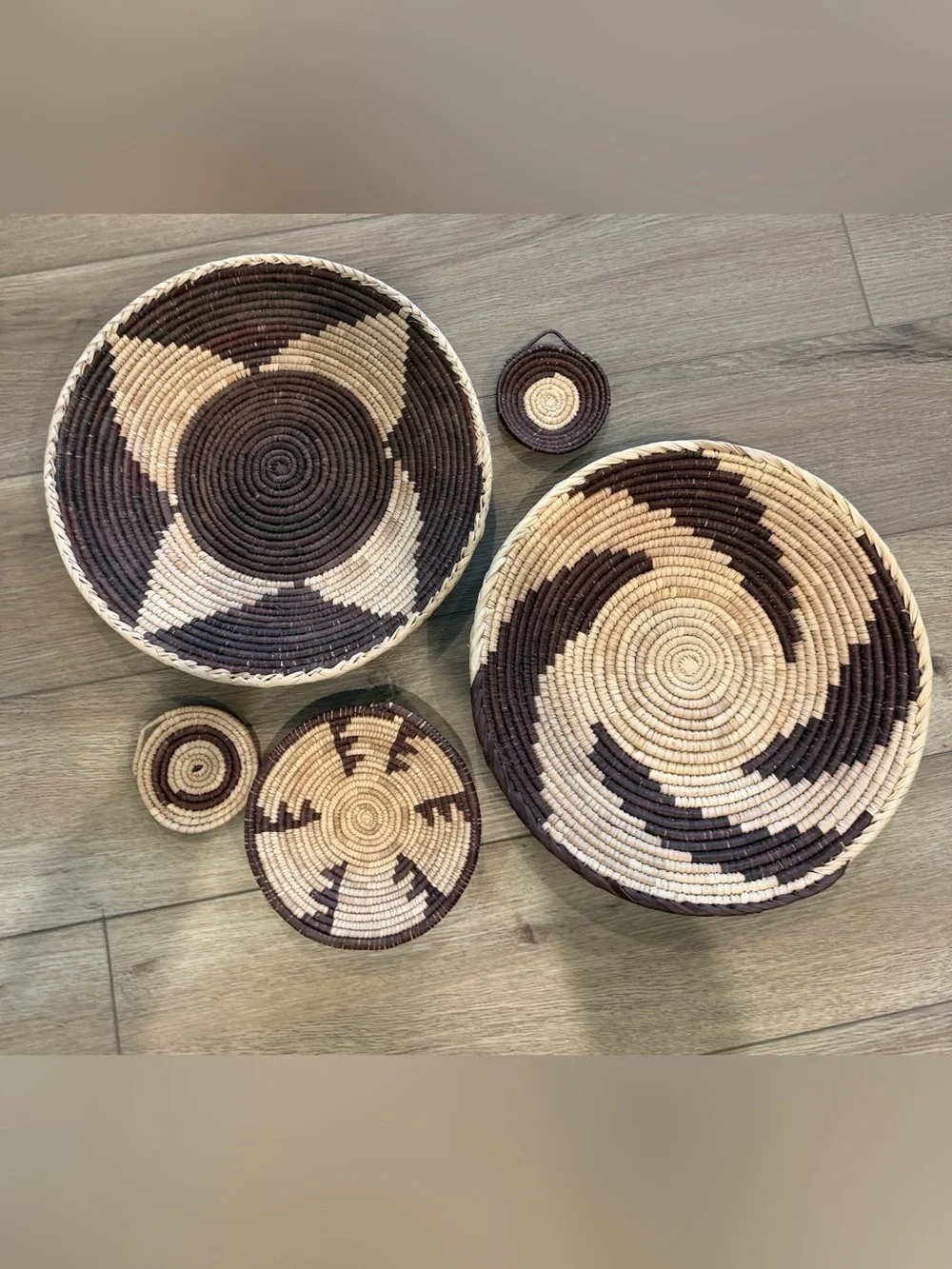 Handwoven Brown and Natural Decorative Basket Set. Tight Weave. Set of 5.